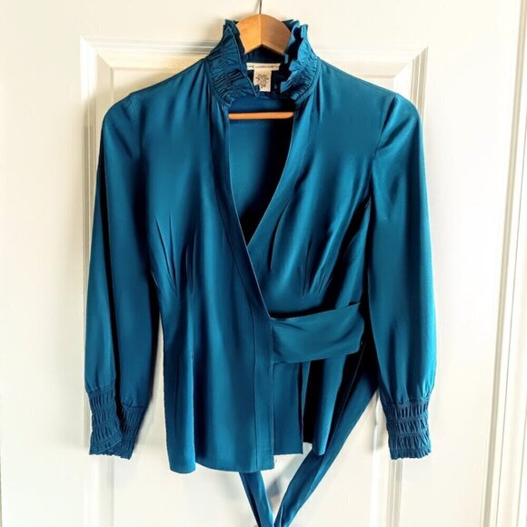 Diane Von Furstenberg Graciela Teal Blue Silk Wrap Blouse - Picture 2 of 7